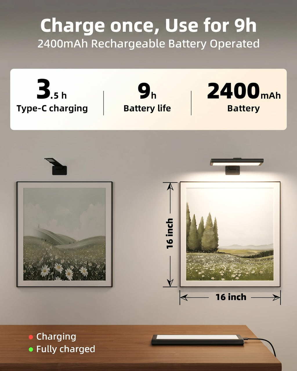 EZVALO Picture Light for Wall, Rechargeable 2400mAh Lights Wireless with IR Remote, 3 Color & Dimmable Magnetic 7.8'' LED Lights Display for Painting, Living Room, Gallery, Bedroom(Black-3P)