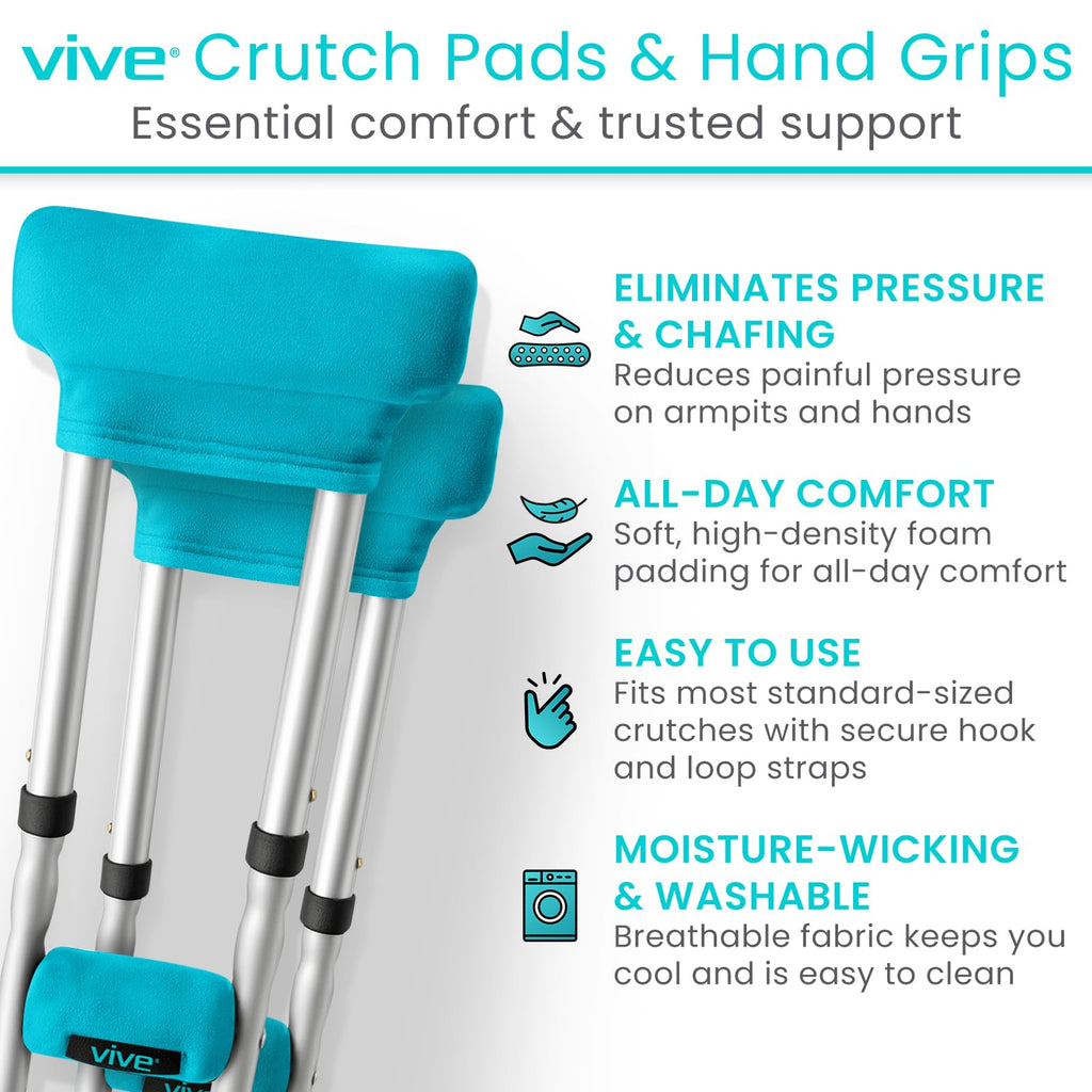 Vive Premium Crutch Pads & Hand Grips - Comfortable, Breathable, Machine Washable Padding - Moisture Wicking & Odor Reducing Pillow Accessory Covers for Adult & Youth Walking Crutches