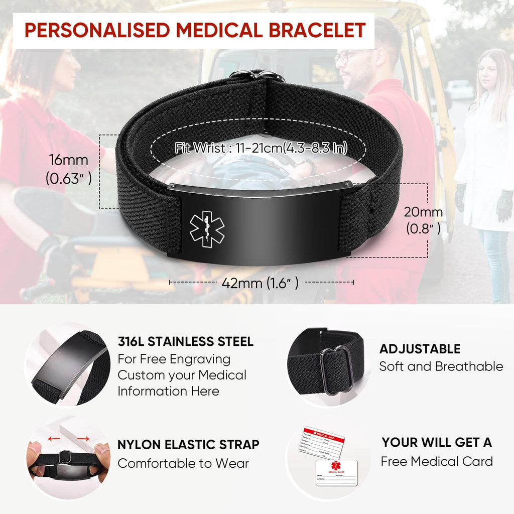 Personalized Medical Alert Bracelet for Men - Customized Elastic Strap Stainless Steel Bracelets Engraved Medic Info, Emergency Awareness Medic ID Bracelet for Allergy Diabetic Asthma Epilepsy