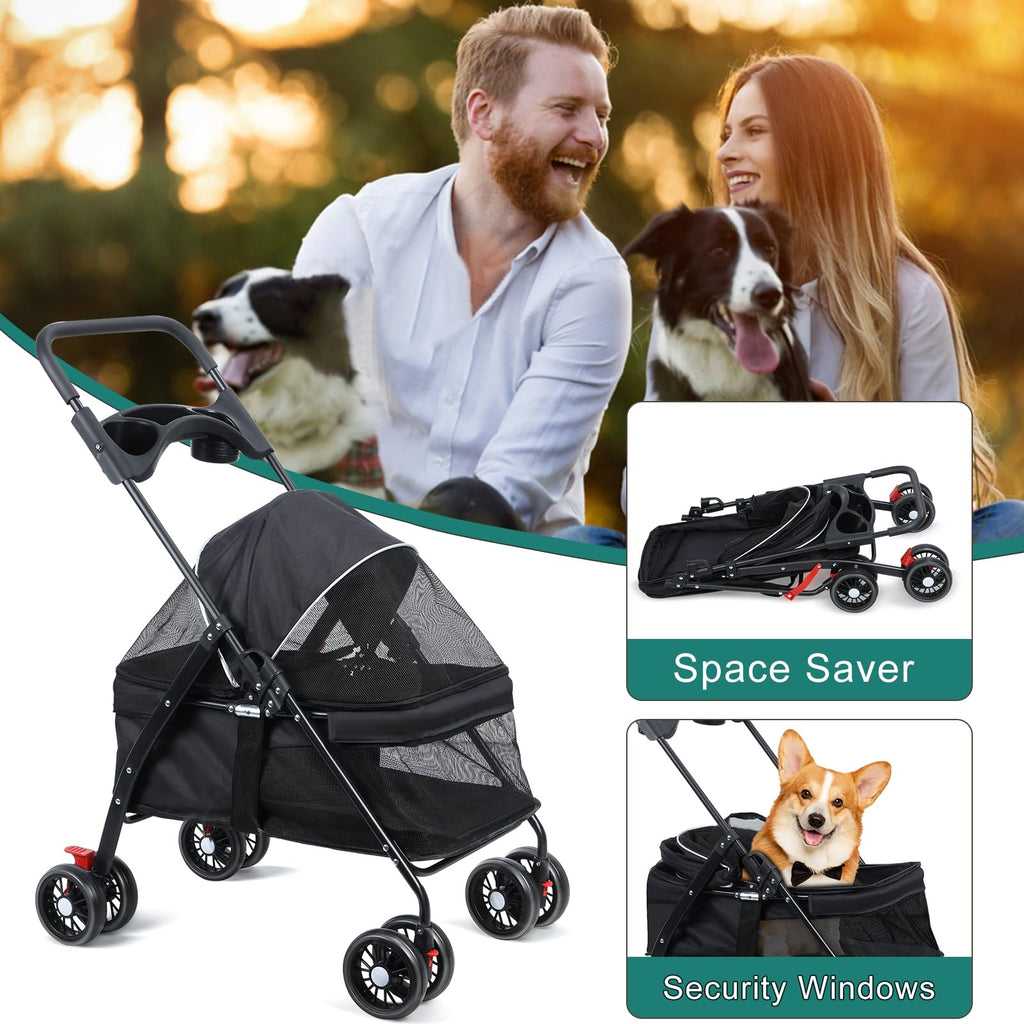 sxvbdway 4 Wheels Pet Stroller for Medium Small Dog up to 50lbs, Dog Cat Stroller, Outdoor Travel Pet Folding Strollers with Cup Holder, Detachable Carrier, Breathable Visible Mesh (Black Upgraded)
