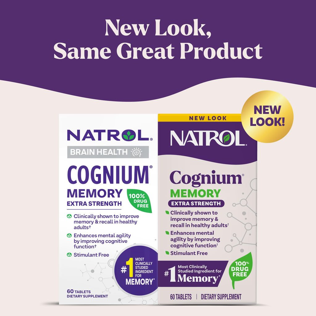 Natrol Cognium Memory Extra Strength, Brain Health Supplements for Adults, Brain Memory Supplements, Enhances Mental Agility in Healthy Adults, 60 Tablets, Up to a 30 Day Supply