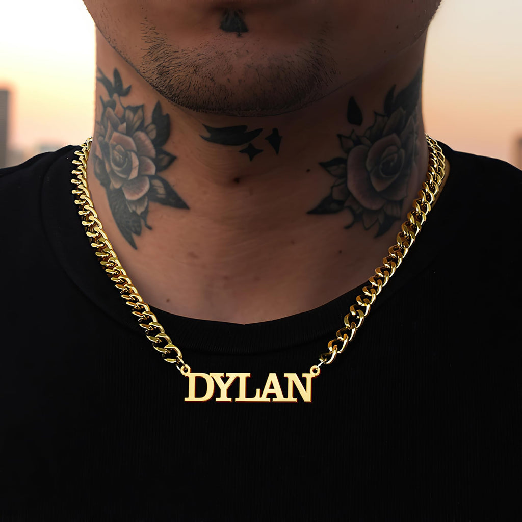 Elemtansy Custom Name Necklace for Men, 18K Gold-Plated Name Necklaces with Curb/Figaro Chain, Personalized Birthday Gifts for Men