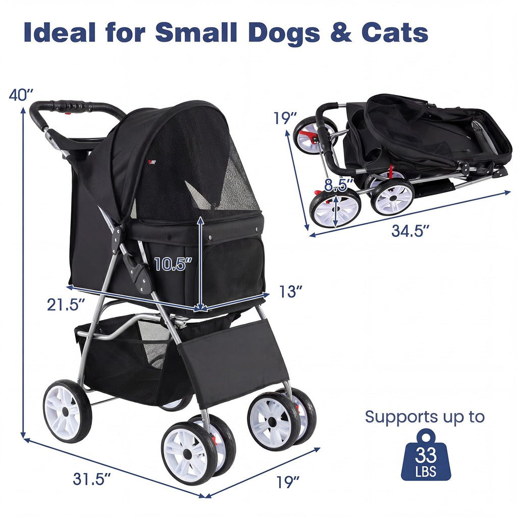 Giantex Foldable Pet Stroller for Small Dogs & Cats, Lightweight Dog Stroller with Lockable Wheels, One-Hand Quick Fold, Adjustable Canopy, Safety Leash & Storage Basket, Pet Travel Stroller, Black