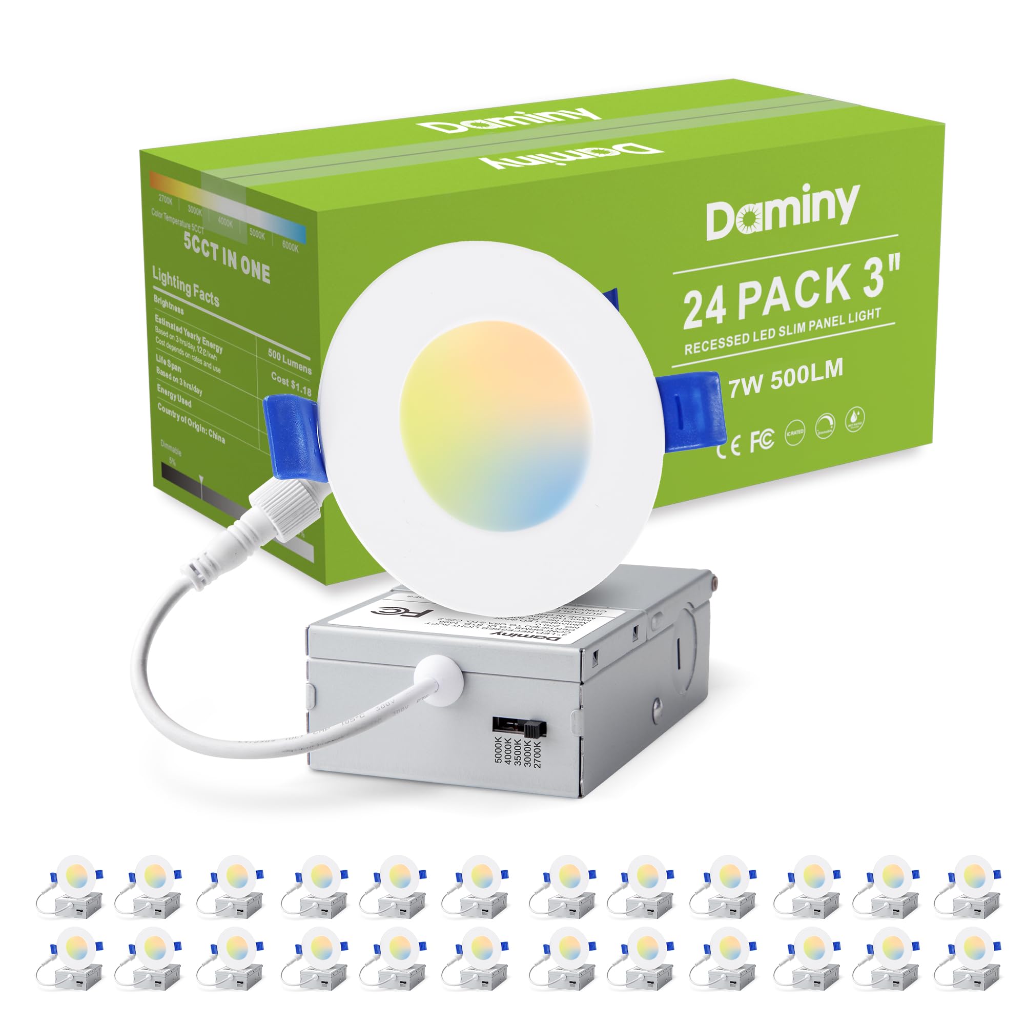 DAMINY 24 Pack 3 Inch LED Recessed Lighting with Junction Box,5CCT,Ultra-Thin Recessed Light,7W 500LM, Dimmable Canless Wafer Ceiling Light, High Brightness