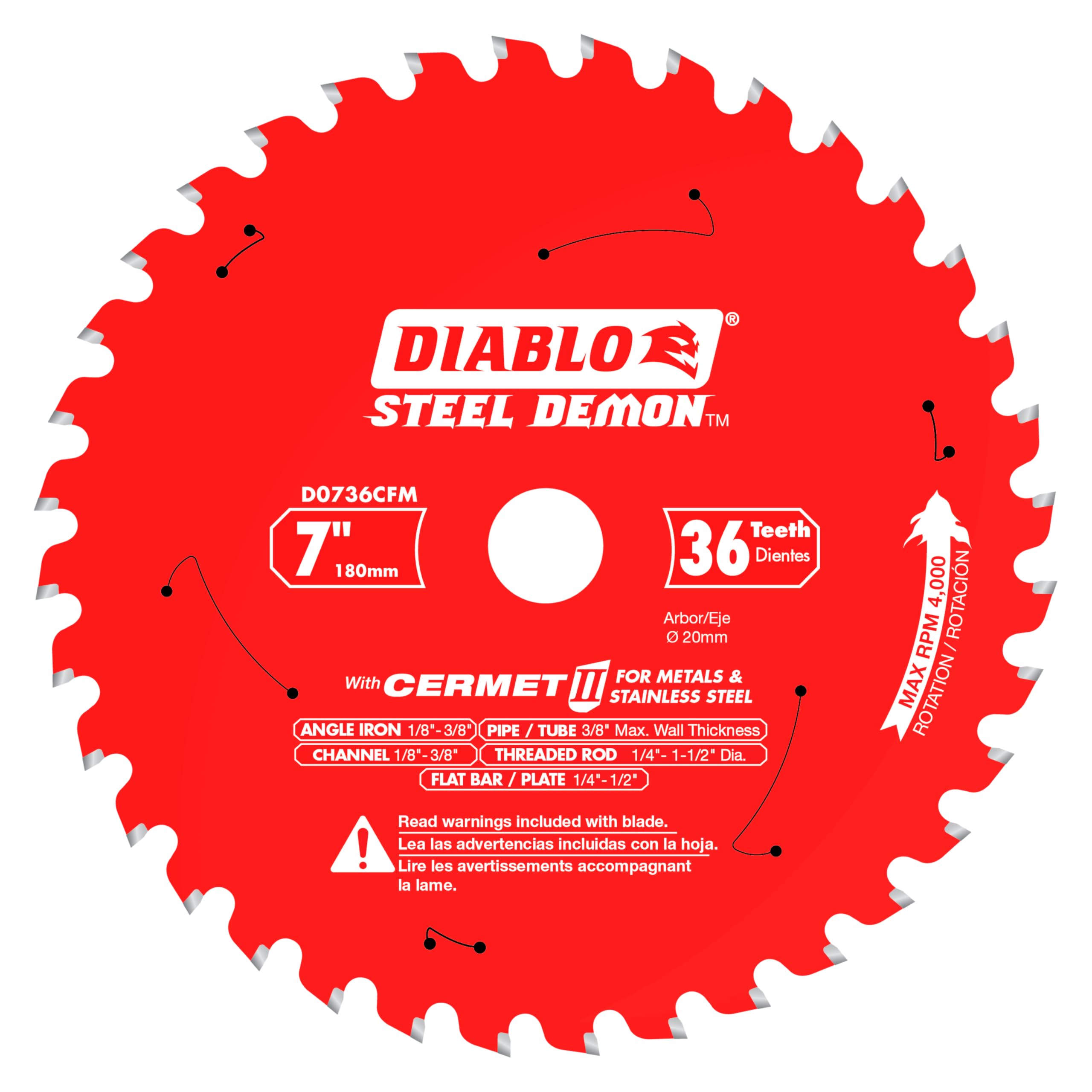 Diablo Steel Demon Cermet II Saw Blade for Thick Metal - 7" Diameter, 36 TCG Teeth, 20mm Arbor, .075" Kerf, 0° Hook Angle, .063" Plate, 5800 Max RPM - D0736CFM