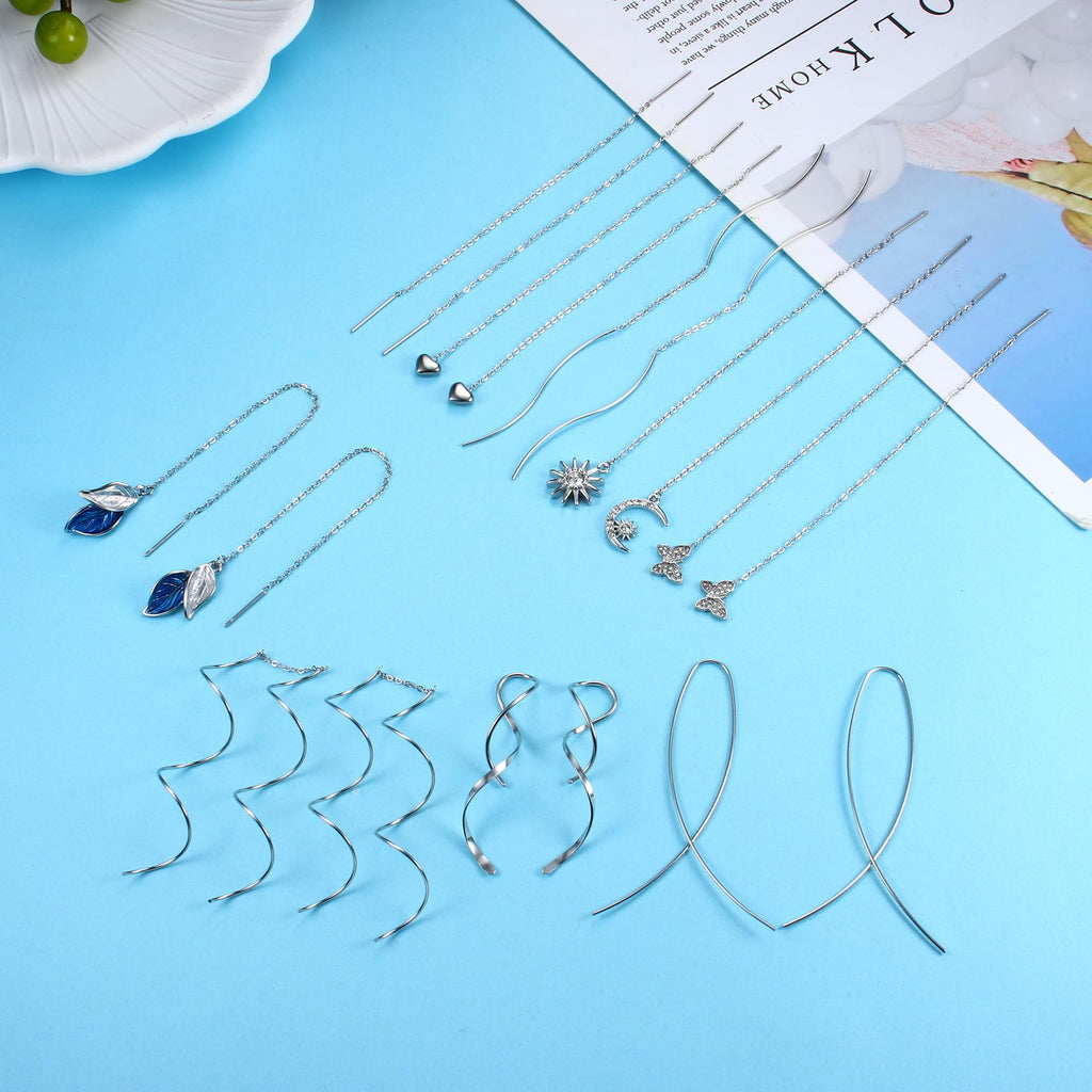 ORAZIO Threader Earrings for Women Stainless Steel Chain Earrings, Silver