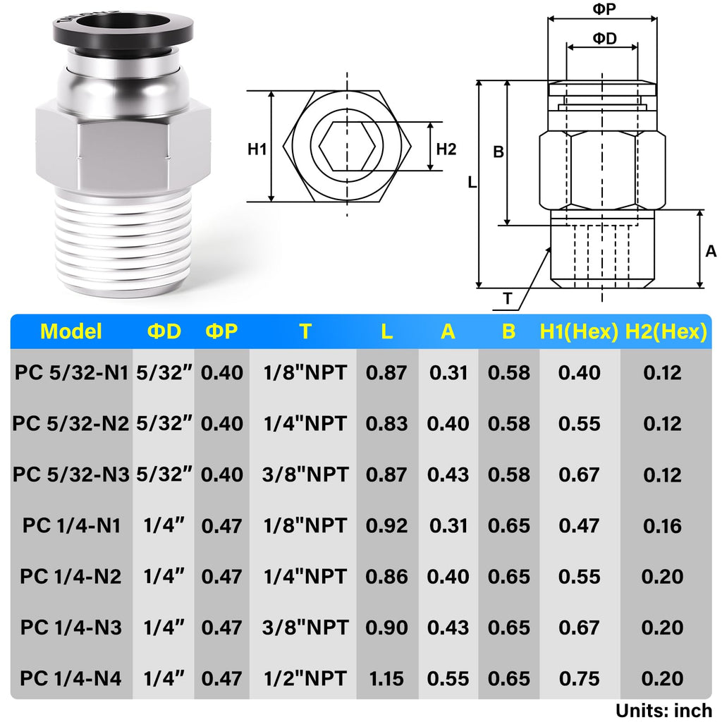 TAILONZ 1/4" Tube OD x 1/4" MNPT Straight Push to Connect Fitting 10Pcs