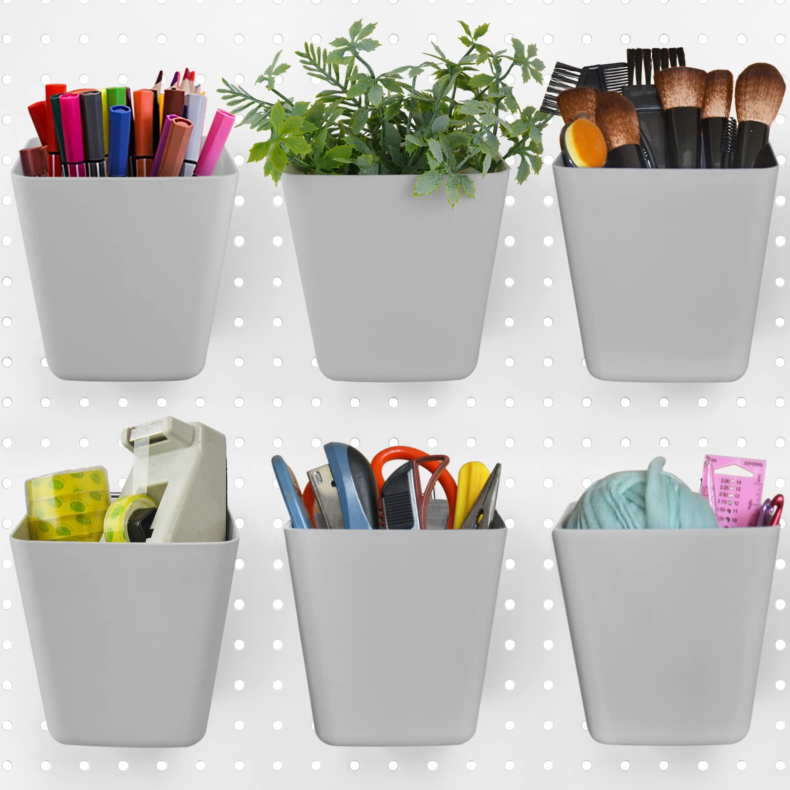 G.CORE Large Pegboard Cups Peg Board Storage Bin 6 Pack with Hooks, Square Box Shape Pegboard Cup Holder Accessories for Garage Workbench/Craft Room/Office/Playroom/Home Kitchen Organization (Grey)