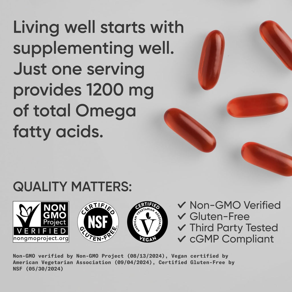 Sports Research® Vegan Omega 3-6-7-9 - 1200 mg of Multi-Spectrum Omega Fatty Acids Certified Non-GMO Formula with Sea Buckthorn & Borage Oil - 90 Veggie Softgels