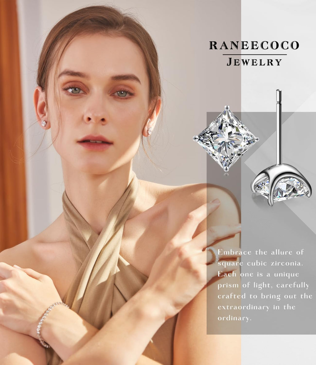 ”STUNNING FLAME“ 18K Gold Plated Sterling Silver Princess Cut Cubic Zirconia Stud Earrings for men women(w-7)