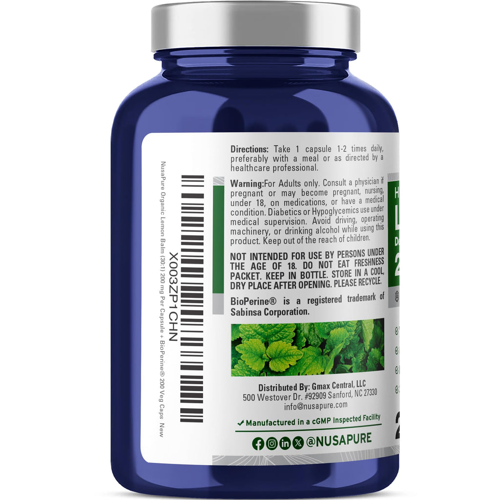 NusaPure Lemon Balm Capsules, 200 mg, 200 Veg Capsules (Non-GMO, Vegan)
