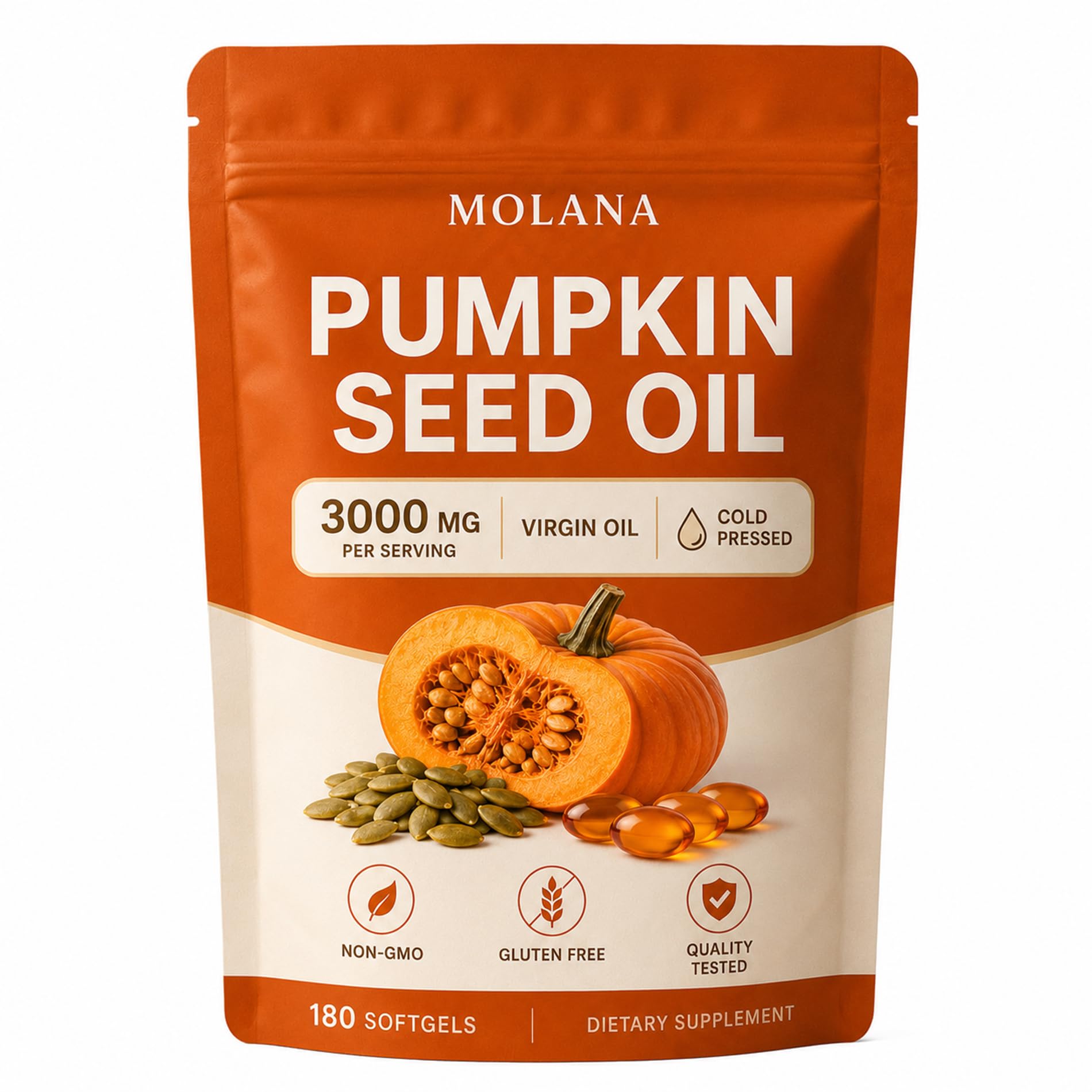 EVERVISION Molana Pumpkin Seed Oil Capsules – Cold Pressed Pumpkin Seed Oil Softgels, Daily Use for Adults, 180 Count (1 Pack)