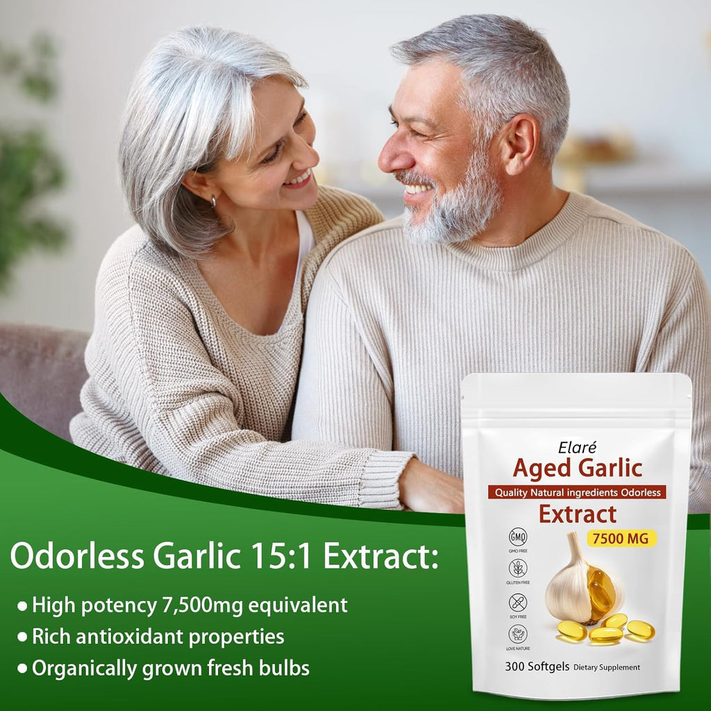 ELARE Aged Garlic Extract - 7500mg Odorless Per Servings, Potent Antioxidant Supplement, Immune Support, Vegetarian, All-Natural, Non-GMO, 300 Softgels