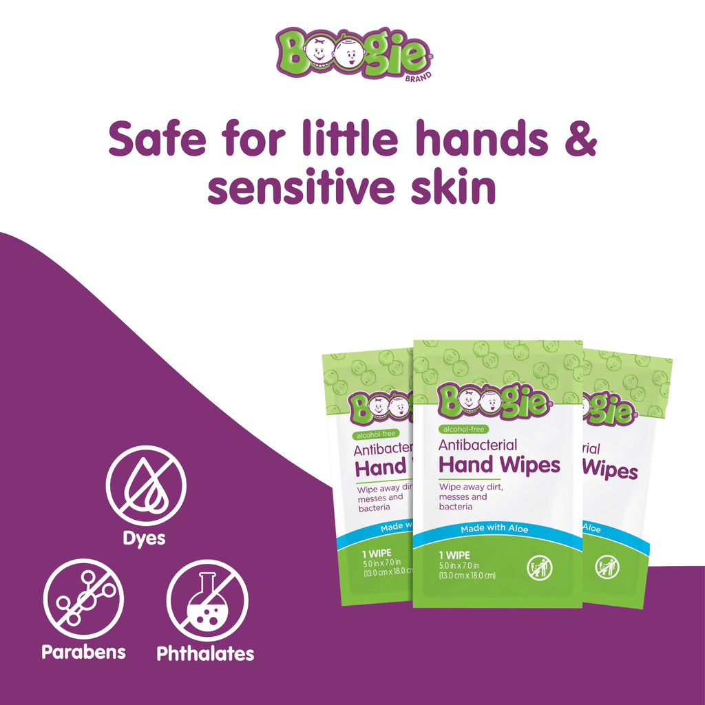 Boogie Antibacterial Hand Wipes - 90 Count - Hypoallergenic & Alcohol-Free - Individually Wrapped - Travel and Diaper Bag Essential