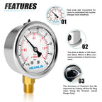 MEANLIN MEASURE -30inHG~30Psi Stainless Steel 1/4" NPT 2.5" FACE DIAL Vacuum Pressure Gauge, Lower Mount (Pack of 2), with 1/2" NPT and 3/8" NPT Hex Bushing