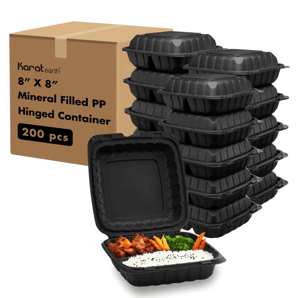 KARAT EARTH Clamshell Take Out Food Containers [8"x8" - 200 ct] To Go Containers | 3 Compartment, Soak-Resistant, Durable, Stackable | Vented for Hot/Cold Foods, Black