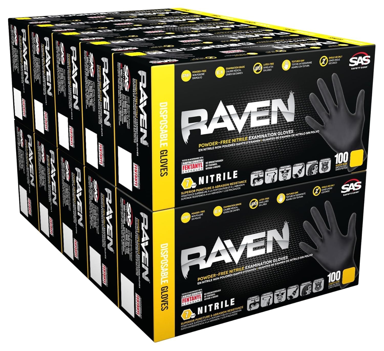 Raven Powder Free Nitrile Disposable Gloves | 7 Mil - Sm | Latex Free, Chemical + Puncture Resistant, Textured Grip, Single Use | for Automotive, Industrial, Janitorial, MRO, Food Service | 66516