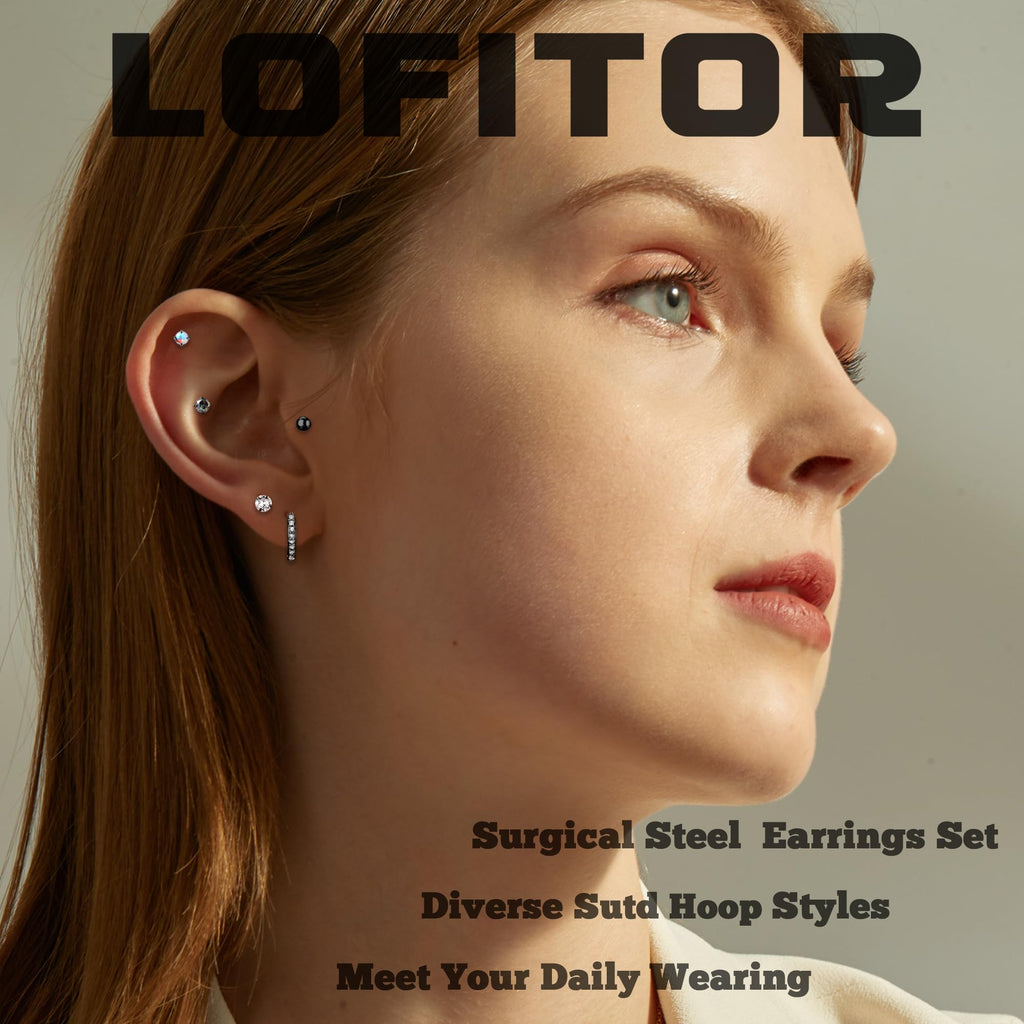 LOFITOR Hypoallergenic Surgical Steel Flat Back Earrings Set for Women Men