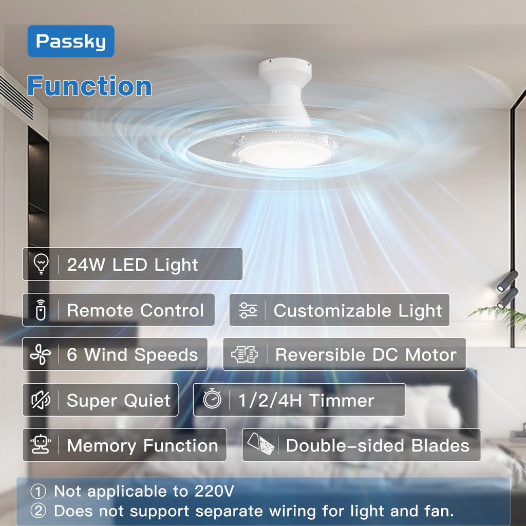 Passky Ceiling Fans with Lights, 52 inch White Flush Mount Ceiling fan with Remote Control, Low Profile Ceiling Fan for Bedroom, Farmhouse, Reversible, 3CCT, Dimmable, Noiseless DC Motor