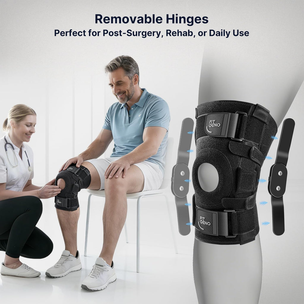 Fit Geno Hinged Knee Brace for Meniscus Tear: Adjustable Support for Knee Pain w/Built-in Side Stabilizers & Removable Metal Hinges for ACL MCL Injury or Surgery Recovery - Men and Women