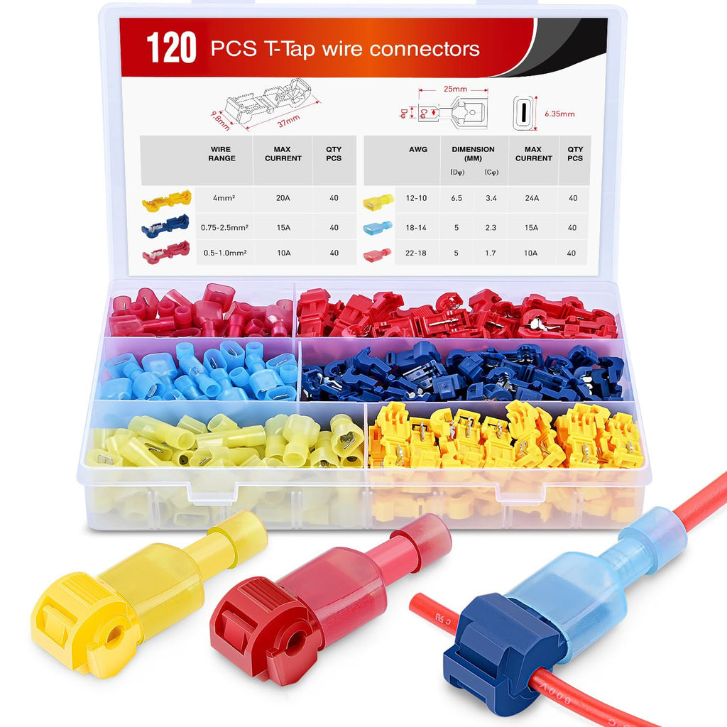 Nilight - 50004R 120 Pcs/60 Pairs Quick Splice Wire Terminals T-Tap Self-stripping with Nylon Fully Insulated Male Quick Disconnects Kit, 2 Years Warranty