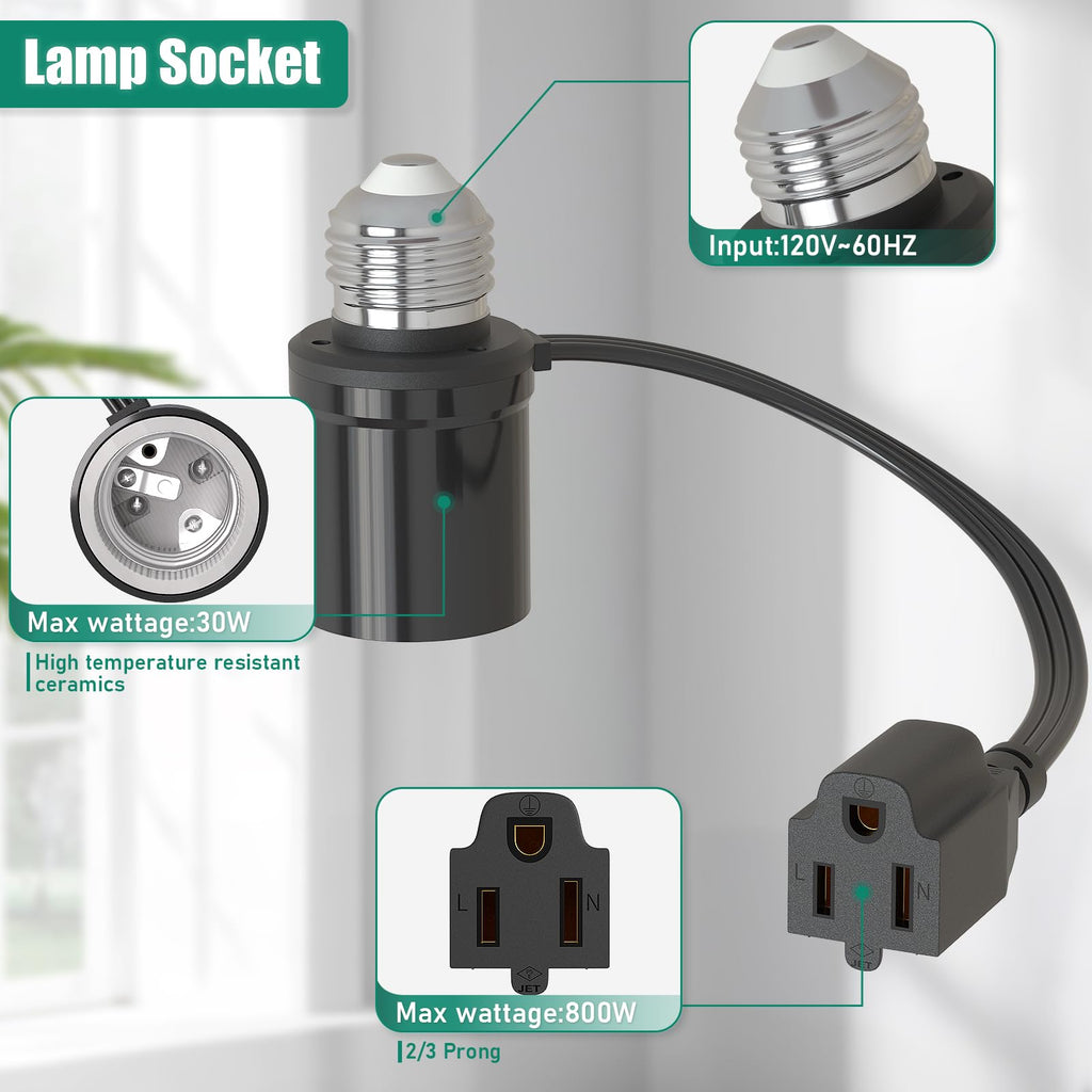 Aaeytby Light Socket Outlet Adapter, 3 in 1 Light Socket to Plug Adapter, Convert E26/E27 Bulb Socket to 3 Prong Outlet with Extension Cord, Suitable for Outdoor Porch Patio Garage 2-Pack