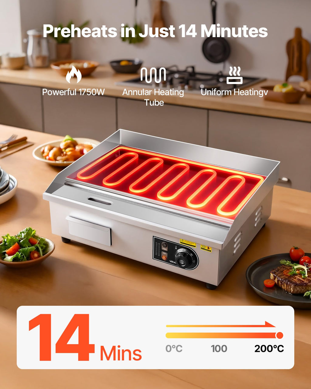 VEVOR Commercial Electric Griddle, 21 x 11.8 inch, 1750W, 122-570°F Adjustable Temp Control, Stainless Steel Countertop Flat Top Grill with 2 Spatulas, 2 Brushes and 4 Foot Pads, for Steak, Pancake