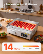 VEVOR Commercial Electric Griddle, 21 x 11.8 inch, 1750W, 122-570°F Adjustable Temp Control, Stainless Steel Countertop Flat Top Grill with 2 Spatulas, 2 Brushes and 4 Foot Pads, for Steak, Pancake