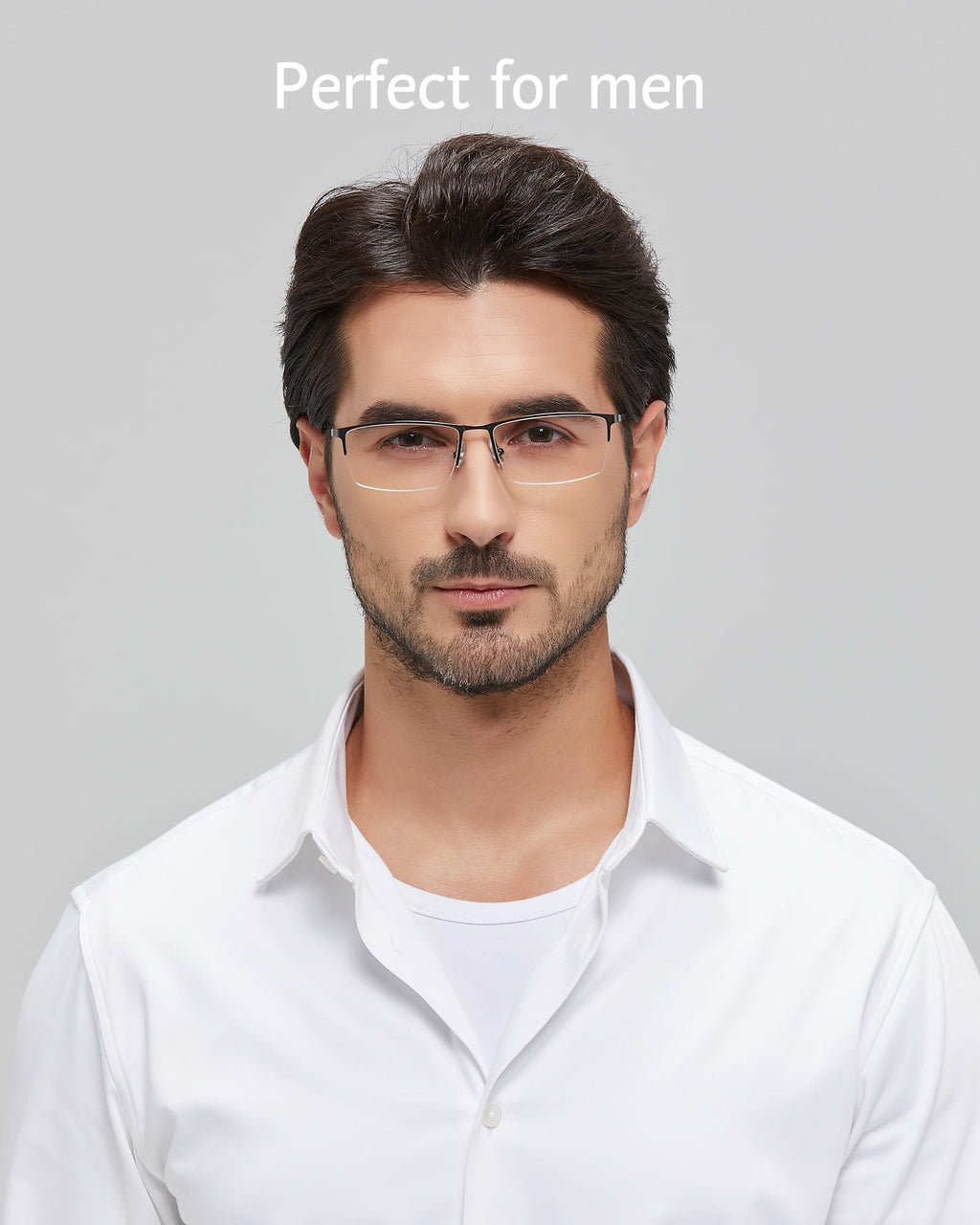 ANRRI Blue Light Glasses Mens Rectangle Semi Rimless Glasses Computer Gaming glasses for men Lightweight Titanium Black Eyewear
