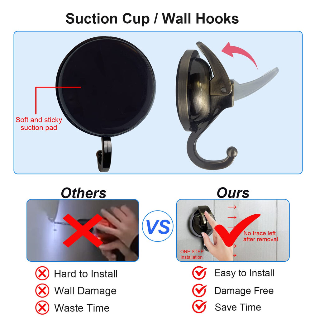 YSSILADI Heavy Duty Vacuum Suction Shower Hooks - Glass Suction Cup Bathroom Robe Hooks, Reusable, No Hole Punched - Bronze, 4 Pack
