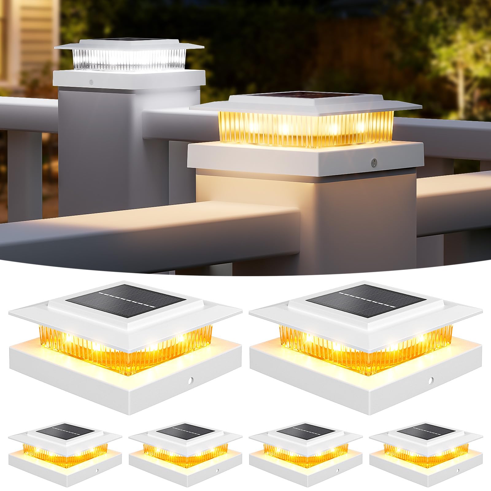NIORSUN Solar Post Cap Lights Outdoor Waterproof, 4x4 Post Solar Lights 2 Color Modes, Fence Posts Solars Light for Deck Patio Garden Deco, 4x4 Posts Caps Wood Vinyl, 5x5 Vinyl, 6 Pack (White)