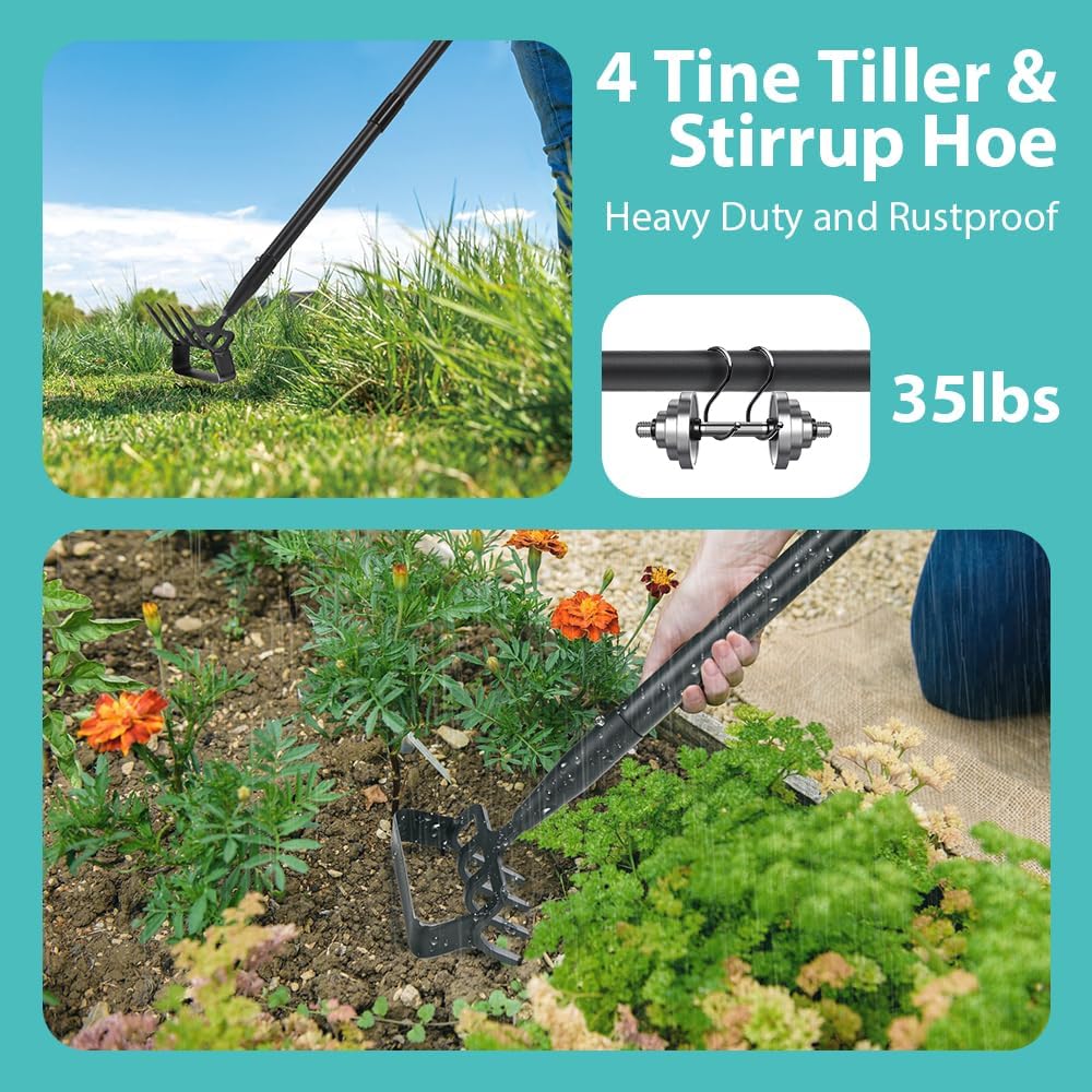 Ihomepark Garden Hoe, Stirrup Hoe with Adjustable Handle for Weeding Digger loosening Soil Metal Garden Cultivator Hoe with Rake Tiller Cultivator (30-62 Inch)