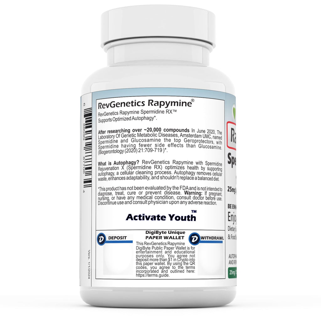 REVGENETICS Spermidine 3000mg Total, 99% Pure, 100x Stronger Than Wheat & Rice Germ, 25mg Spermidine HCl (13.8mg Elemental), Wheat-Free Autophagy Support, 120-Day Supply, Lab Verified