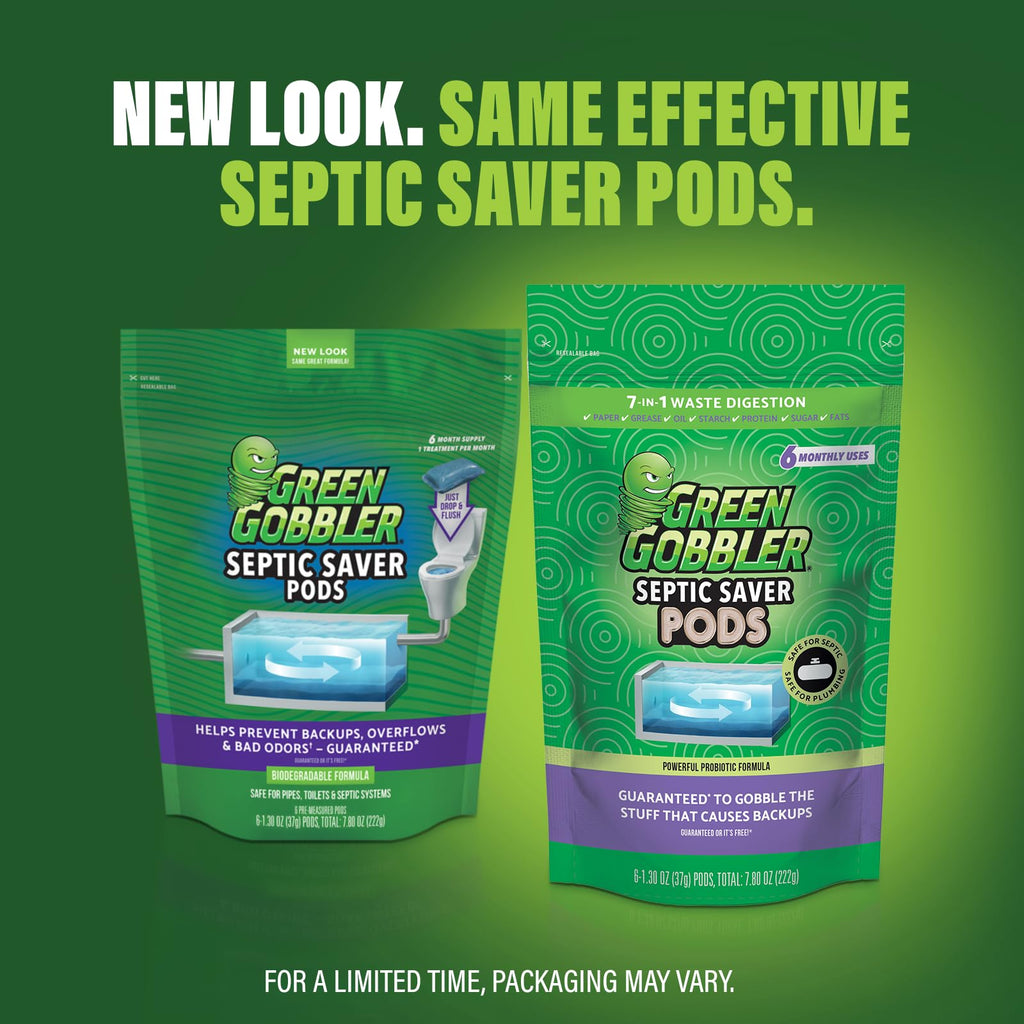 Green Gobbler Septic Tank Treatment Packets - Natural Bacteria to Prevent Costly Septic Issues, Back-Ups, Foul Odor (24 Pods) Pod: Color May Vary