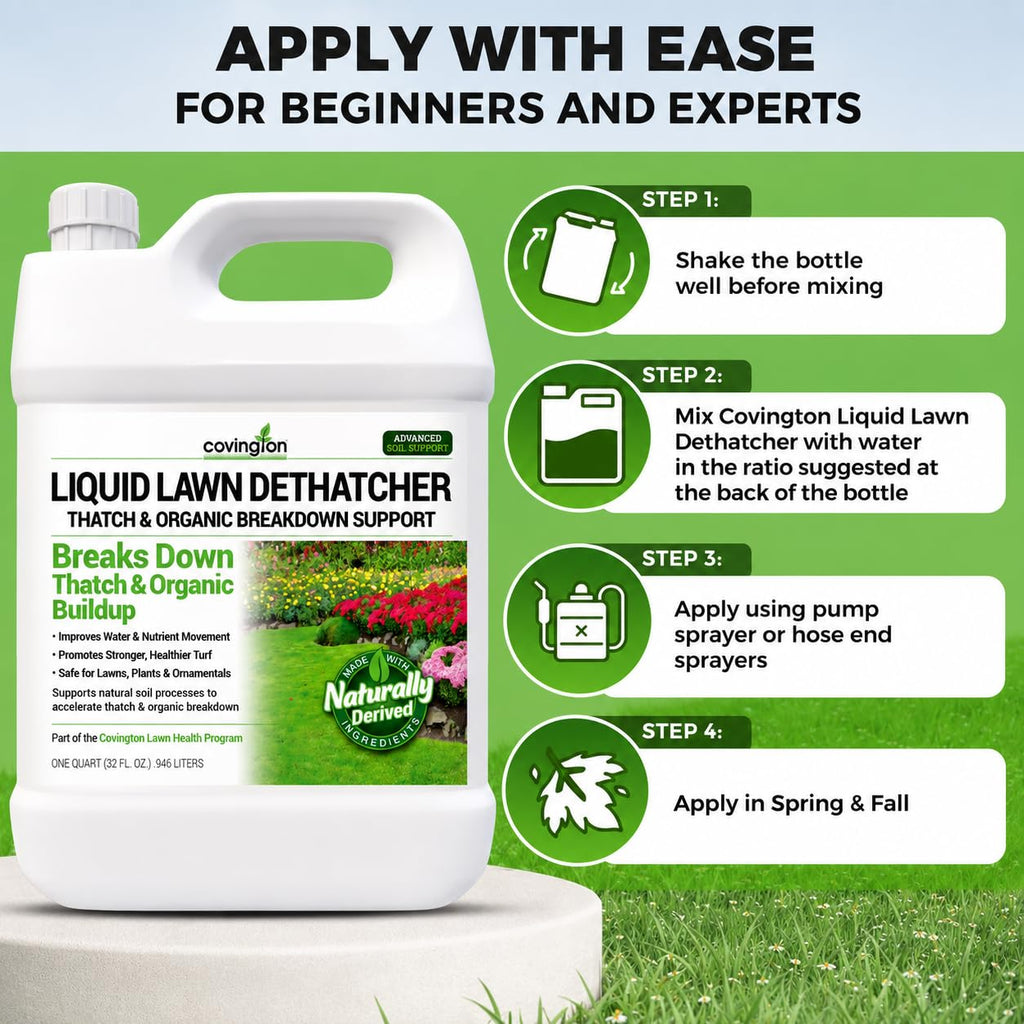 Covington Liquid Lawn Dethatcher (32oz) – Liquid Aerator Concentrate & Humic Thatch Remover, Soil Softener & Grass Thatch Buster for Lawns & Gardens – Kids & Pet Safe, Made in USA