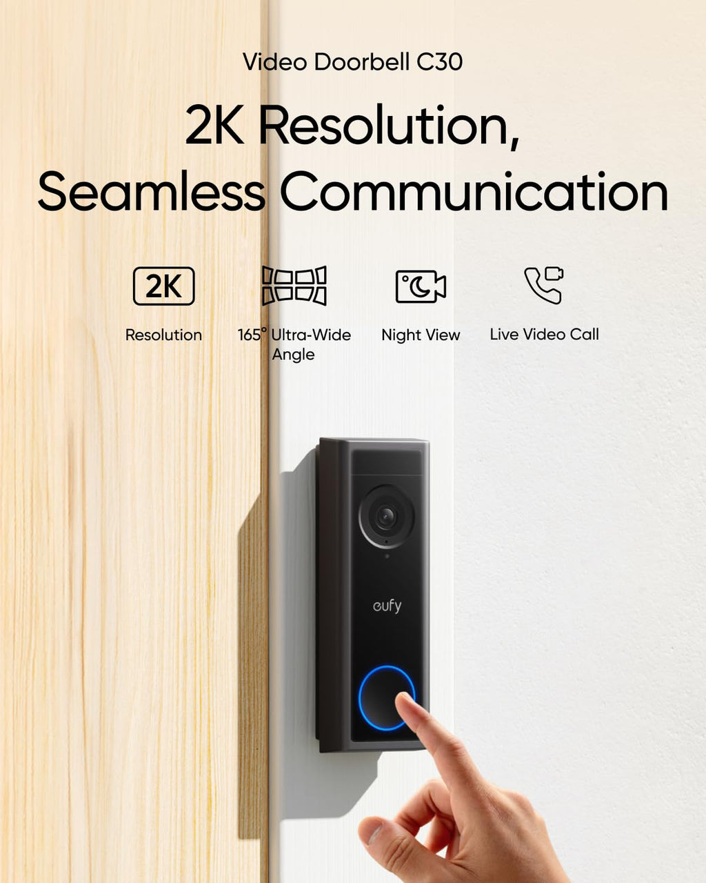 eufy Security Video Doorbell Camera C30, Battery Powered,2K FHD,165° Ultra-Wide View,Easy Installation, Live Video Call, AI Human Detection for People and Packages,HomeBase 3 Compatible,No Monthly Fee