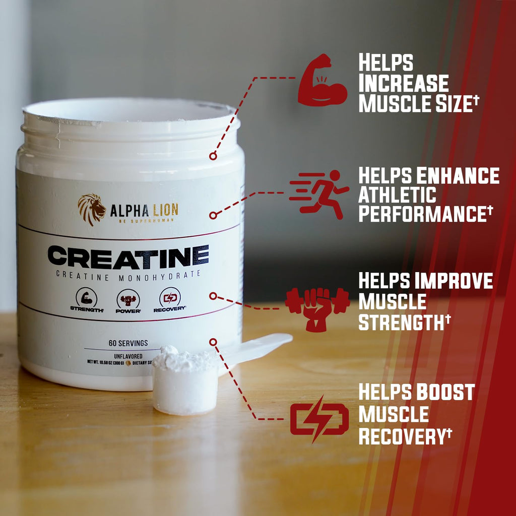 ALPHA LION Creatine Monohydrate Powder, 5000mg Per Serving (5g), Supports Muscle Strength, Power, Athletic Performance, Pure Creatina Monohydrata en Polvo Supplement (60 Servings, Unflavored)