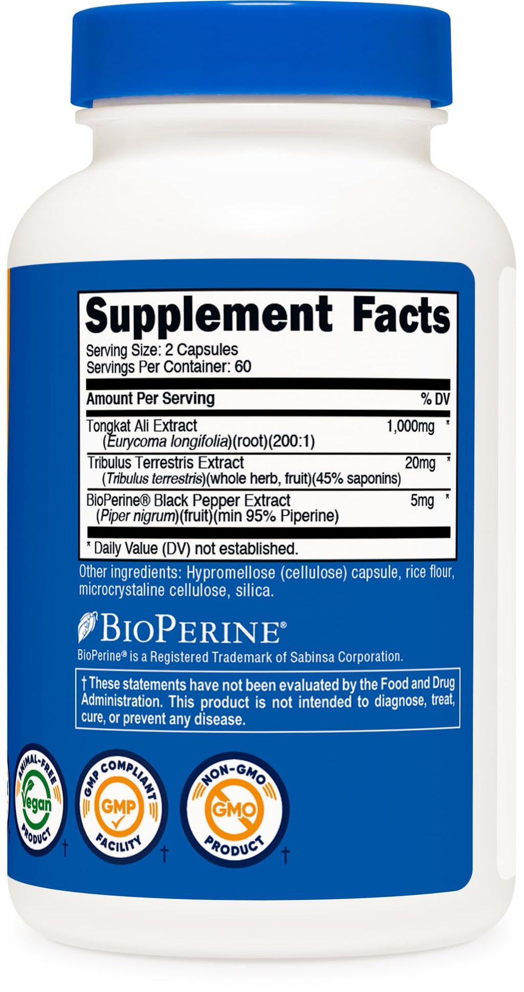 Nutricost Tongkat Ali 1,000mg 120 Capsules - with Tribulus Terrestris and BioPerine, Vegetarian Caps, Non-GMO, Gluten Free, Potent Extract