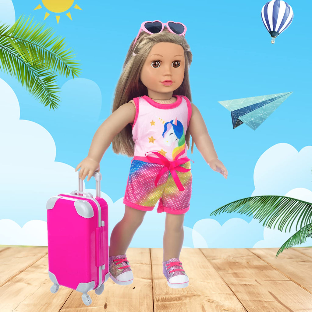 XFEYUE 23 Pcs American 18 inch Doll Clothes and Accessories - Suitcase Luggage , Pillow, Sunglasses, Camera, Passport, Mobile Phone , Computer Doll Travel Gear Play Set (No Doll)