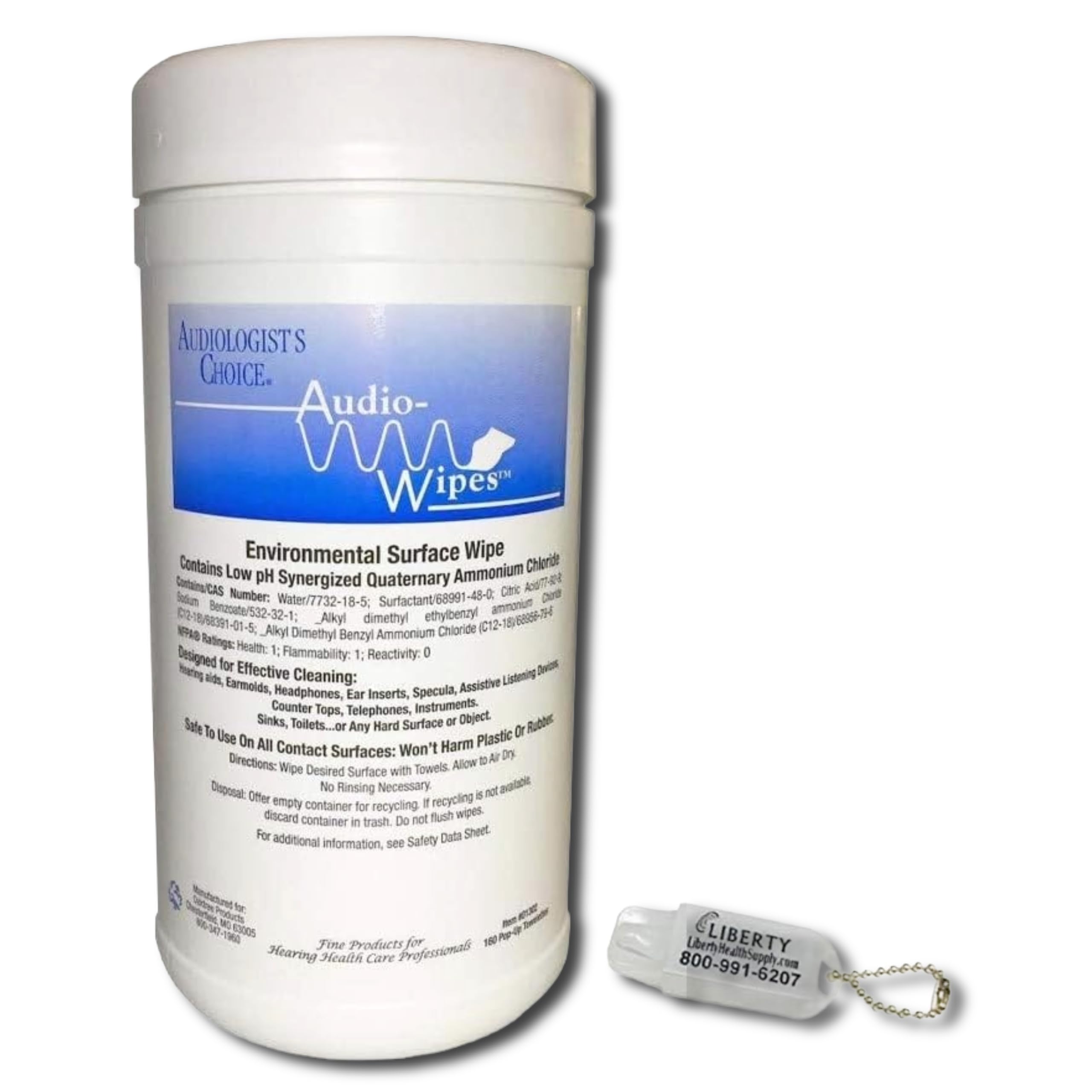 AUDIO - WIPES Cleaning Towelettes - Large Canister (160 Wipes) and Liberty Hearing Aid Battery Keychain