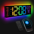YISILE 16 Inch RGB LED Digital Wall Clock - 8 Color Display, 6 Night Light Modes, Bluetooth Auto Time Sync, Sound Wake-Up, Dual Alarm, Auto DST, Remote Dimmer for Bedroom, Living Room & Gaming Room