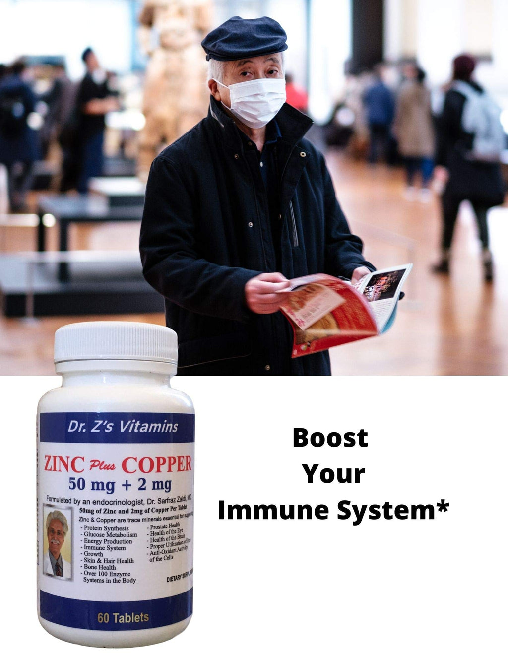 Dr. Z's Vitamins: Zinc Plus Copper-50 MG of Chelated Zinc and 2 MG of Copper- Supports: Energy, Immune System, Skin & Hair -60 Easy to Swallow Tablets