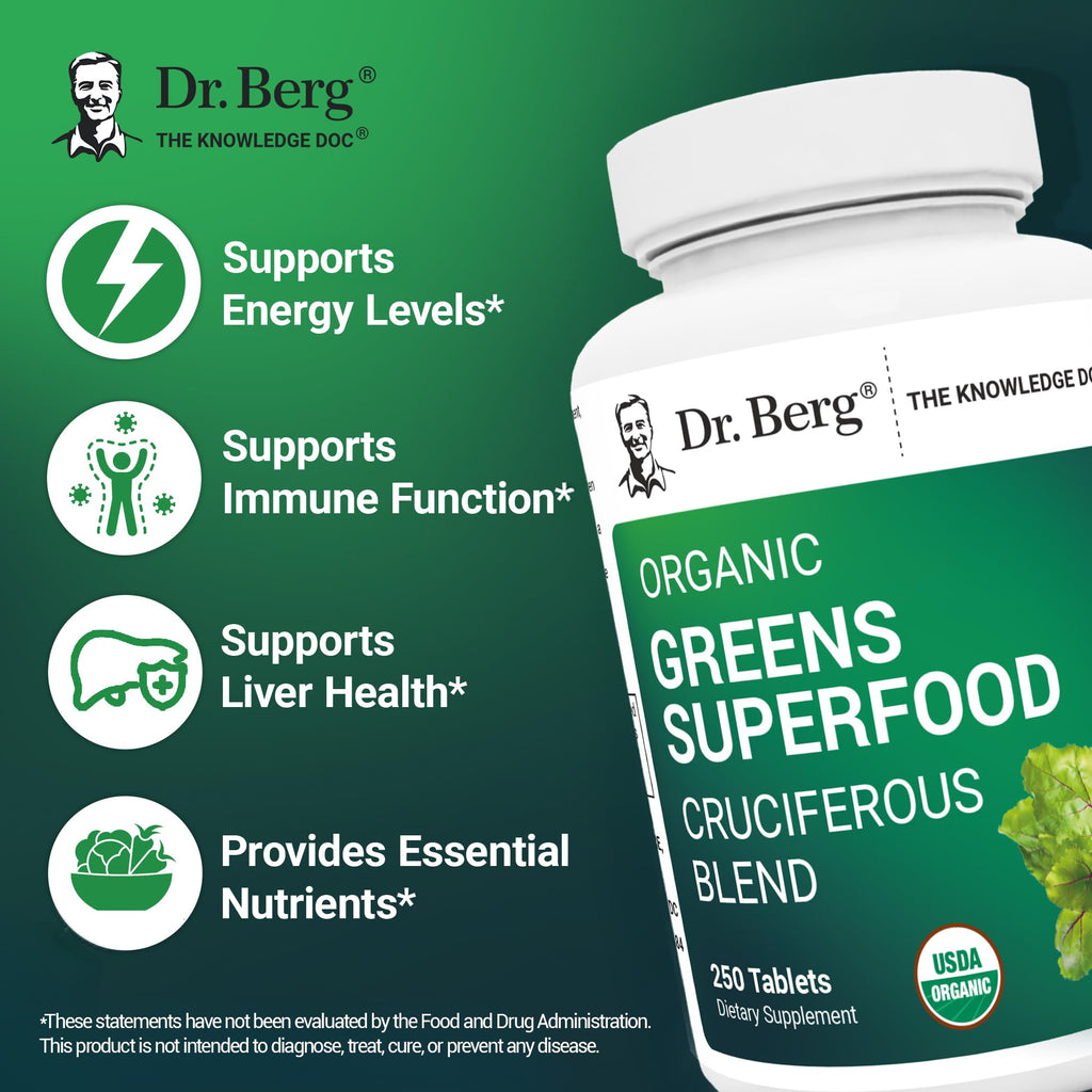 Dr. Berg's Greens Superfood Cruciferous Vegetable Tablets - Vegetable Supplements for Adults w/ 11 Phytonutrient Super Greens Tablets - Energy, Immune System & Liver Veggie Tablets - 250 Tablets