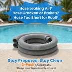 Poolvio Pool Vacuum Hose 2-Pack, Spare & Replacement, 40" Flexible Spiral-Wound Hose with 1.5" Male & Female Cuff Ends, Compatible with Most Inground Pool Automatic Cleaners, Gray