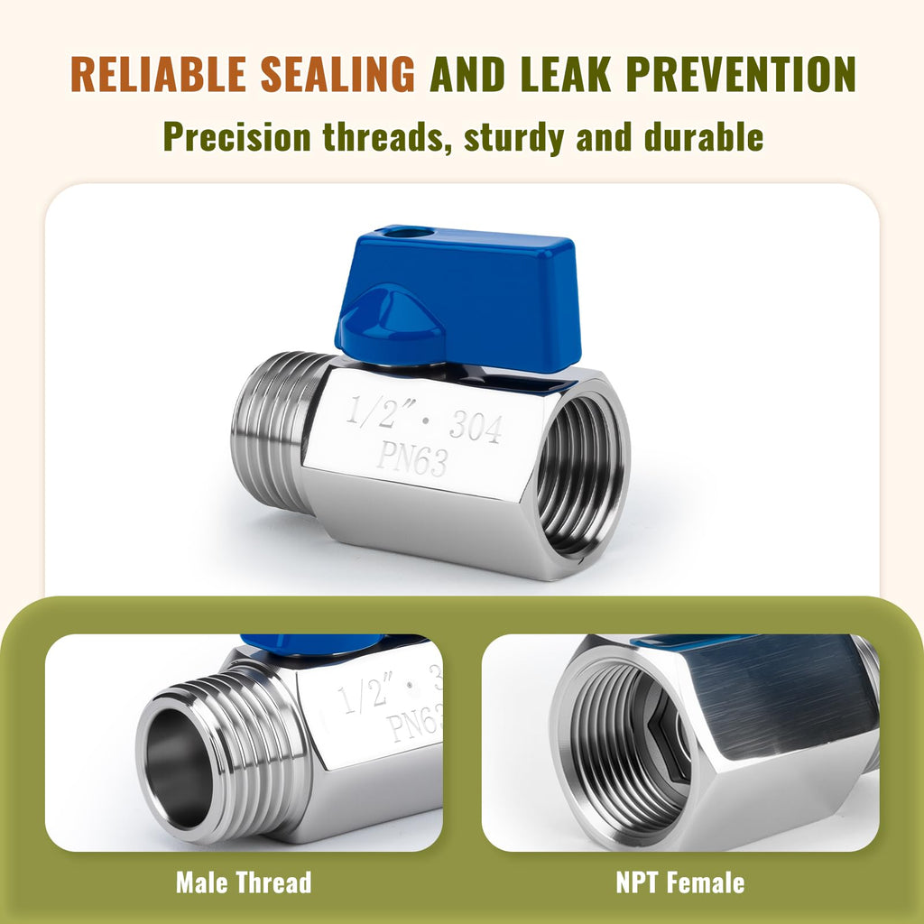 2 Pack 1/2" Mini Ball Valve, 304 Stainless Steel Valve NPT Female x Male Thread Shut-Off Valves for Small Compact Space (2, 1/2 Inch)