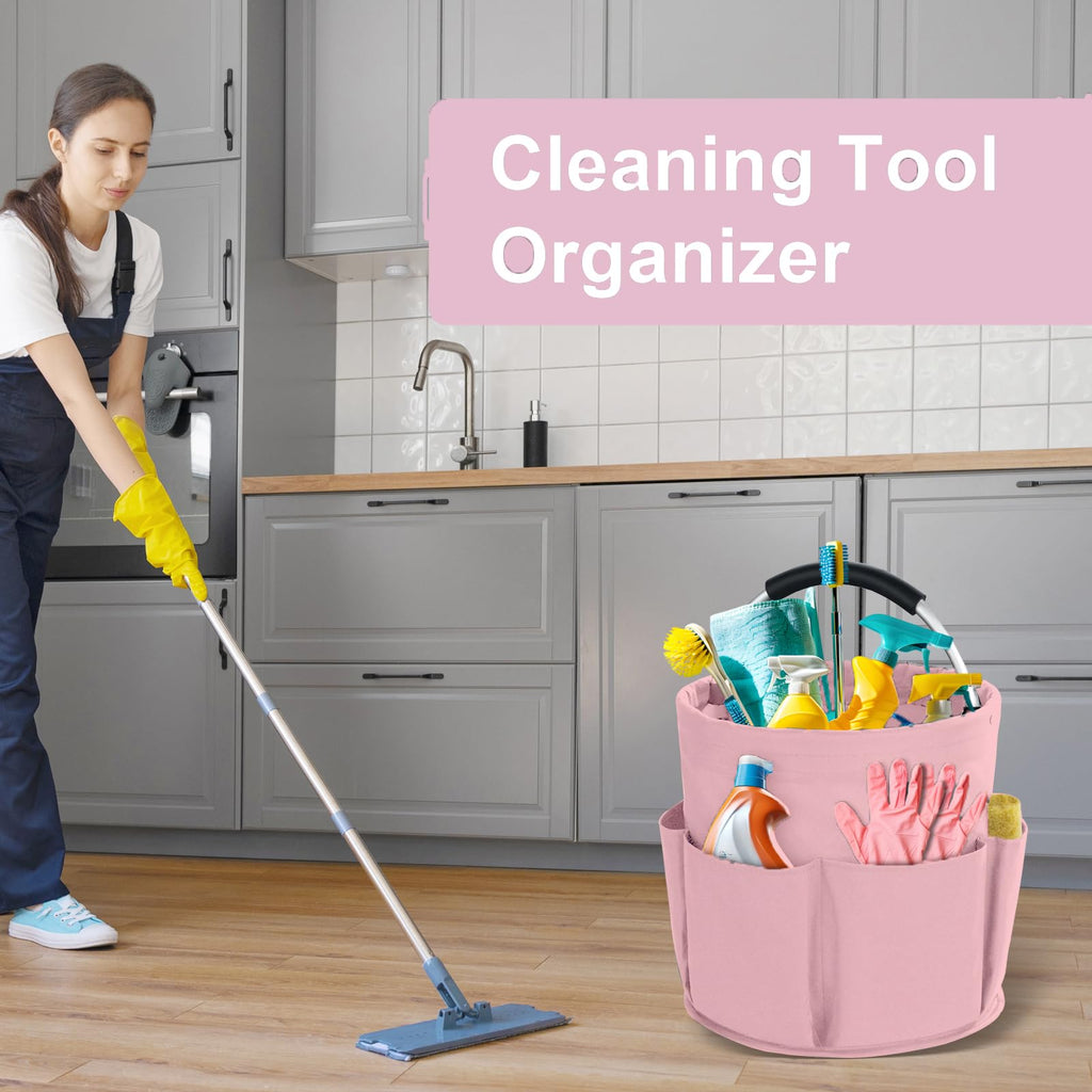 Bototack Cleaning Caddy with Handle, Cleaning Products Organiser, 17L Foldable Storage Basket, Cleaning Caddy Organiser, Portable Multi Cleaning Bucket Bag for Home, Garden (Pink)