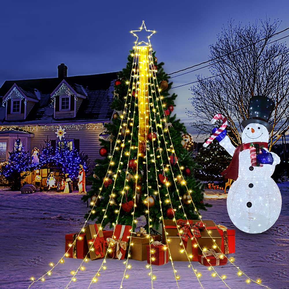 FUNIAO (New) Christmas Decoration Lights, 320 LED Waterfall Christmas Tree Lights with 12" Star Topper, 8 Modes Indoor Outdoor String Lights for Yard, Party, Home, Holiday (Warm White)