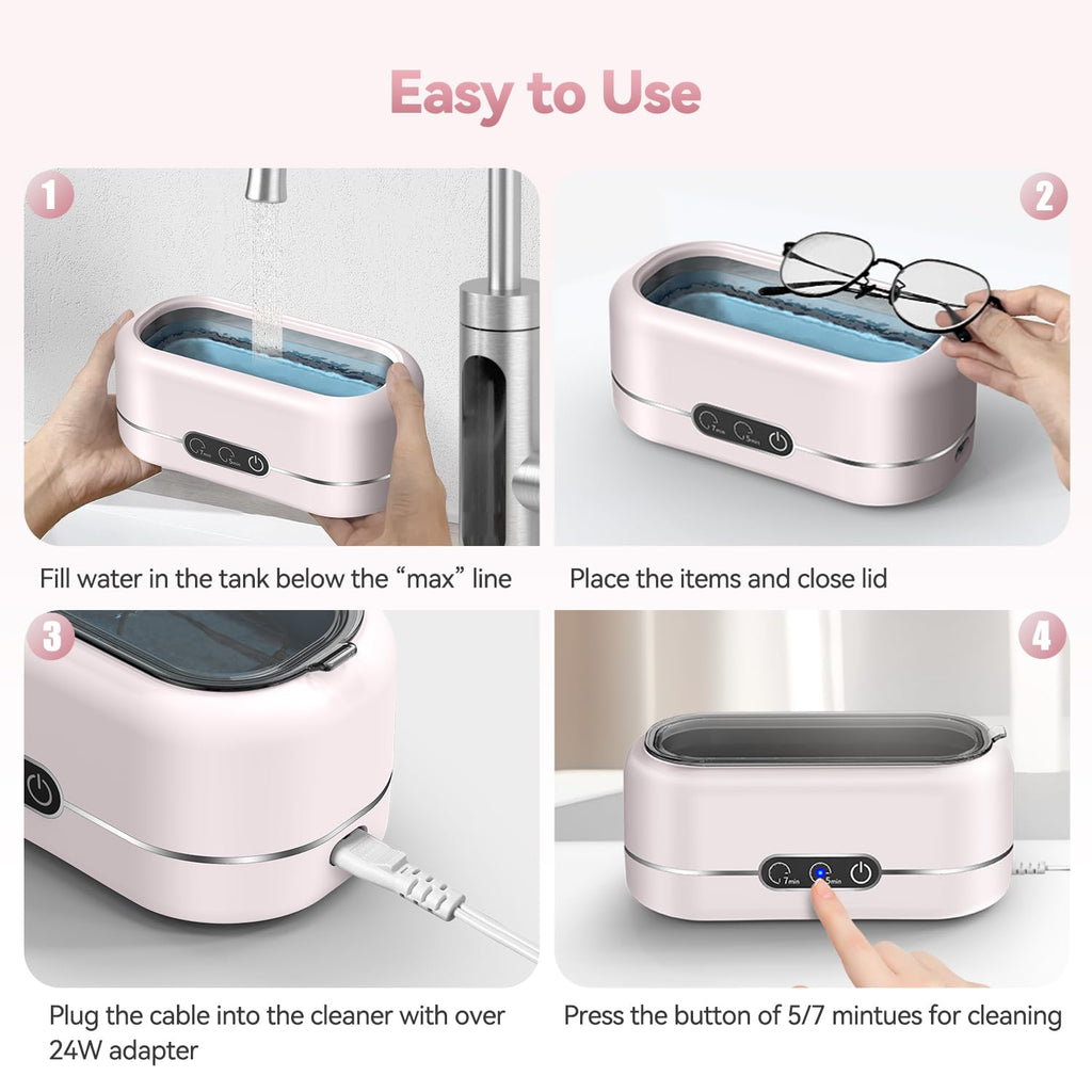 BYASKZIV Jewelry Cleaner Ultrasonic Machine, Upgraded 48KHz Ultrasonic Cleaner with 304 Stainless Steel for Jewelry, Eyeglasses, Rings, Watch Strap, Dentures-Pink