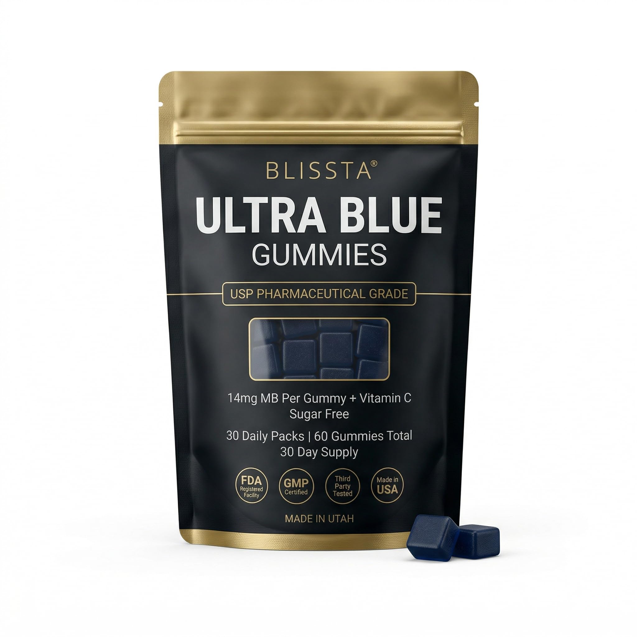 Blissta Ultra Blue Methylene Blue Gummies, USP Pharmaceutical Grade Chewable with Vitamin C, Cellular Energy, Focus & Mitochondrial Support, No Dropper, No Mess, Third-Party Lab Tested