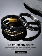 Bestyle Lucky Viking Celtic Bracelet Black Bracelet for Men Double Layer Black Leather Cuff Bracelet, Fashion Punk Retro Men Wristband Leather Bracelet Great Gift for Father Husband, 21cm/8.3 Inch